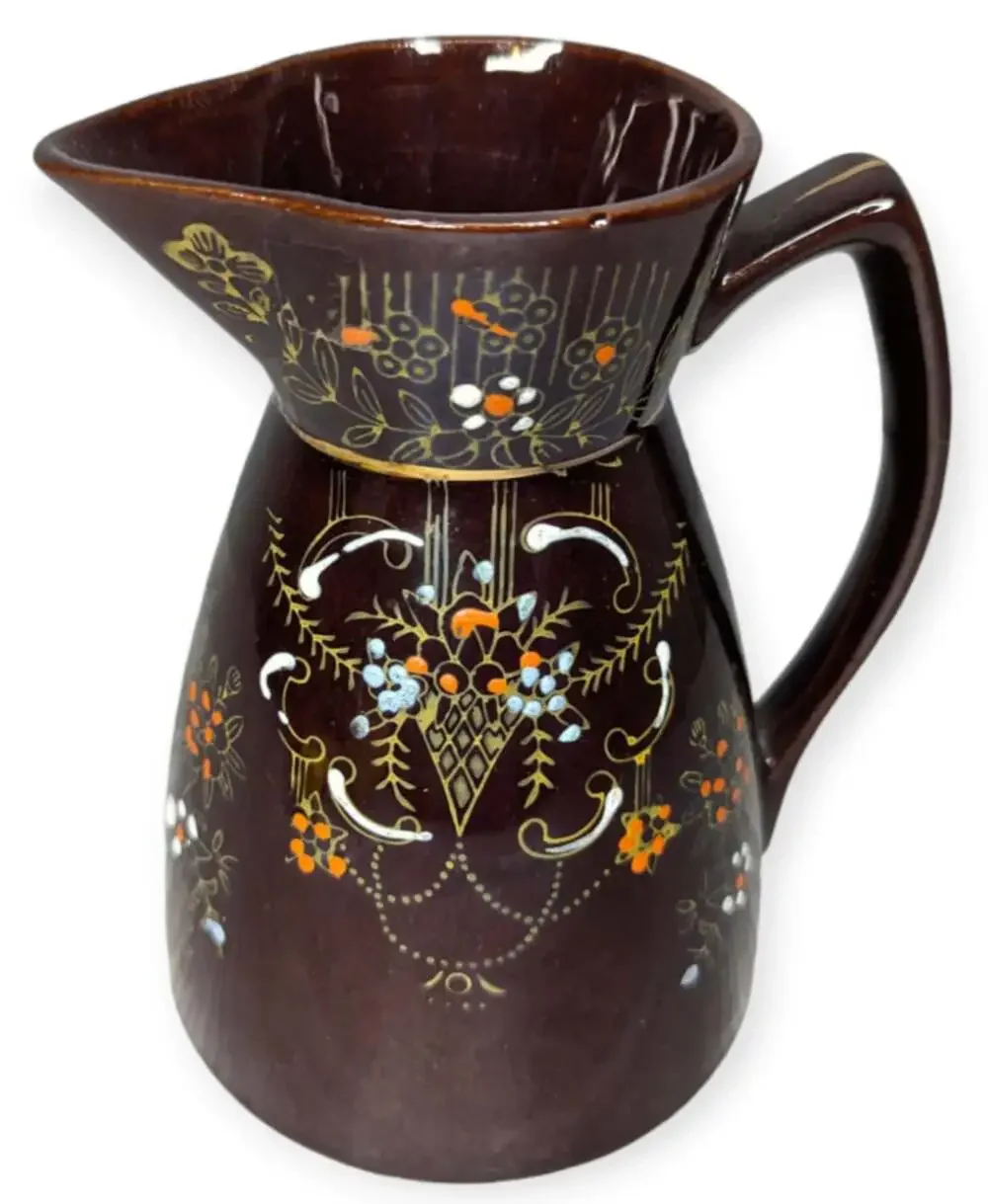 Vintage Moriage Red Wear Hand Painted Brown Glazed Decorative Pitcher 6.5